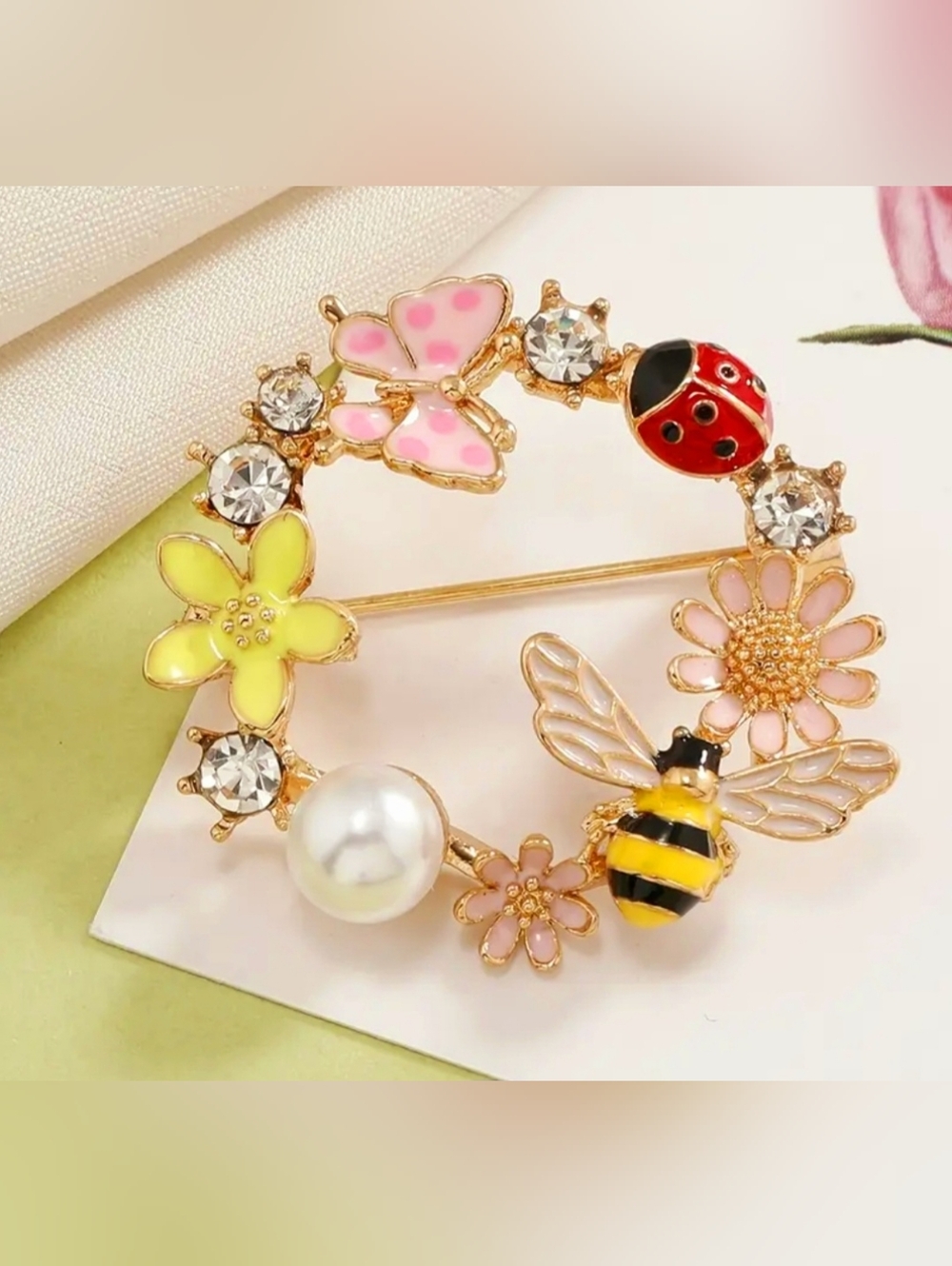 Wreath Floral Brooch with Bee, Ladybug, and Pearl